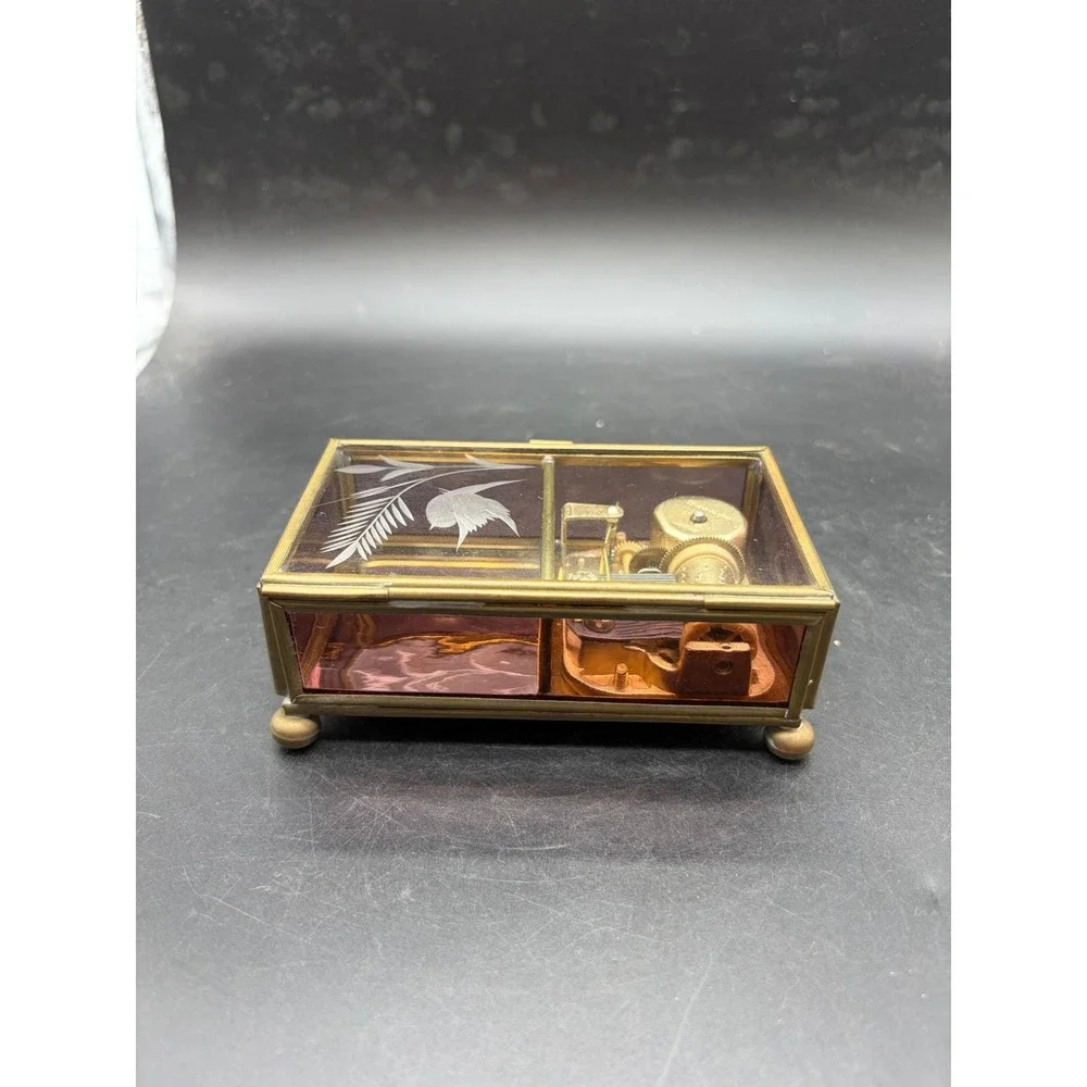 Vintage Sankyo Glass Brass Music Box Etched Bird Pink Rose Send in the Clowns